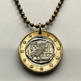 Greece Hellas 1 Euro coin pendant Greek little owl of Athena Athens Parthenon Thessaloniki Larissa Rhodes Mykonos Santorini Crete Macedonia Sparta Meteora Peloponnese Pella Thebes Kos Balkans n001058