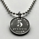 1918 Germany Deutschland 5 Pfennig coin pendant World War 1 era German eagle Berlin Hamburg Munich Cologne Frankfurt Stuttgart Dusseldorf Bavaria Leipzig Dortmund Essen Bremen Dresden Hanover Nuremberg Rothenburg Heidelberg Hesse Bonn Brandenburg n000283