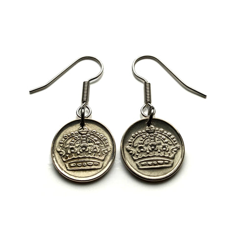 Sweden 10 Ore SILVER coin earrings Swedish crown Stockholm Sverige Swedes Svear Nordic Old Norse sagas Soedermalm Örebro Scania e000178