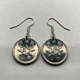 Japan 1 Yen coin earrings young tree blossom flower Japanese kanji floral Nippon Tokyo Osaka Nagasaki Kyoto planting e000141
