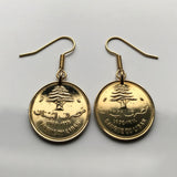 Lebanon Liban 10 Piastres coin earrings Lebanese cedar tree Beirut Tripoli Jounieh Zahlé Sidon Aley Tyre Byblos Beqaa Valley Levantine Arabic Baalbek Batroun Nabatieh Zgharta Bint Jbeil Bsharri Baakleen Anjar Chekka Mediterranean Middle East e000142