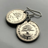 Lebanon Liban 50 Piastres coin earrings Lebanese cedar tree Beirut Tripoli Jounieh Zahlé Sidon Aley Tyre Byblos Beqaa Valley Levantine Arabic Baalbek Batroun Nabatieh Zgharta Bint Jbeil Bsharri Baakleen Anjar Chekka Qozhaya Middle East Raouché e000190