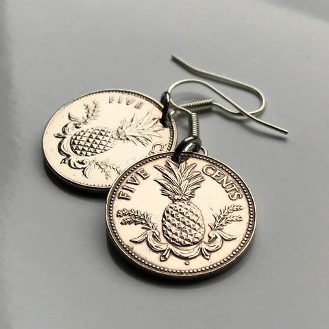 Bahamas 5 Cents coin earrings Bahamian pineapple Nassau Andros Exuma & Cays tropical fruit Cat Island Rum Cay Cable Beach e000195