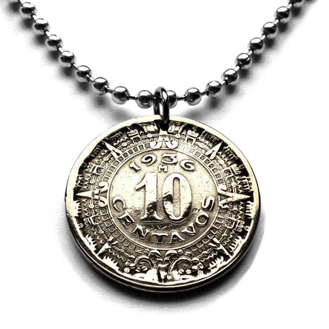 1936 Mexico 10 Centavos coin pendant necklace jewelry Aztec Sun Stone calendar Piedra Sol Zócalo Tonatiuh deity Xiuhpōhualli San Angel Tonalpohualli Tijuana Mexica Moctezuma Tenochtitlan n001108