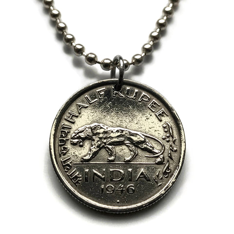 1947 British India 1/2 Rupee coin pendant Indian tiger Mumbai New Delhi Bangalore Kanpur Kochi Panaki Lucknow Hindi Urdu Hindu panther jaguar n000129