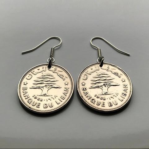 Lebanon Liban 50 Piastres coin earrings Lebanese cedar tree Beirut Tripoli Jounieh Zahlé Sidon Aley Tyre Byblos Beqaa Valley Levantine Arabic Baalbek Batroun Nabatieh Zgharta Bint Jbeil Bsharri Baakleen Anjar Chekka Qozhaya Middle East Raouché e000190