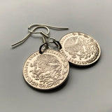 Mexico 20 Centavos coin earrings Mexican eagle Monterrey Guadalajara Puebla Tlaxcala Toluca Tijuana León Iztapalapa Ecatepec Querétaro Juárez Acapulco Mérida Yucatán Cancún Saltillo Cuernavaca Oaxaca Aguascalientes Jalisco Morelia Zapopan Pachuca e000202