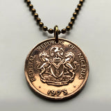 1973 Nigeria 1 Kobo coin pendant Nigerian horse eagle Abuja Lagos black shield West Africa Zuma Rock Victoria Island Harcourt Ibo n001572