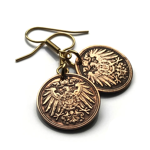 Germany 1 Pfennig coin earrings German eagle Berlin Munich Bundesadler Dresden Bonn Hanover Leipzig Dortmund Bavaria e000223