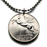 1949 Italy 10 Lire coin pendant necklace jewelry Italia Pegasus flying horse Rome Milan Venice Florence Napoli Torino Verona Palermo Bologna Modena Ferrara Genoa Cagliari Pisa Matera Perugia Ferrara Tuscany n002504