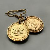 1950 Germany 5 Pfennig coin earrings oak Berlin Frankfurt Essen Karlsruhe flower garden plant Nuremberg Duisburg Bochum Bavaria e000229