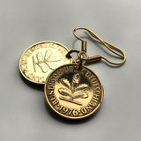 1950 Germany 5 Pfennig coin earrings oak Berlin Frankfurt Essen Karlsruhe flower garden plant Nuremberg Duisburg Bochum Bavaria e000229