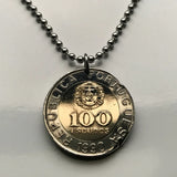 1990 Portugal 100 Escudos coin pendant Portuguese Quinas castles Lisbon Porto Sintra Braga Coimbra Évora Faro Santa Maria de Belém Aveiro Ourique Mirandese Castilian Vila Nova de Gaia Ponta Delgada Guimarães Lagos Fatima Algarve Praia da Marinha n002293