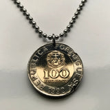 1990 Portugal 100 Escudos coin pendant Portuguese Quinas castles Lisbon Porto Sintra Braga Coimbra Évora Faro Santa Maria de Belém Aveiro Ourique Mirandese Castilian Vila Nova de Gaia Ponta Delgada Guimarães Lagos Fatima Algarve Praia da Marinha n002293