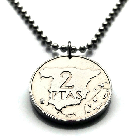 1984 Spain España 2 Pesetas coin pendant Spanish map mapa Español Madrid Barcelona Sevilla Granada Zaragoza Toledo Cadiz Tenerife Córdoba Valencia Málaga Bilbao Coruña Cataluña Andalusia n003349
