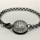 1966 Austria Osterreich 5 Groschen coin rolo link bracelet jewelry Austrian eagle Vienna Wien Salzburg Innsbruck Graz Linz Tyrol Villach Carinthia Sankt Polten Wels Solden Ischgl Gmunden Vorarlberg Hallstatt Styria Edelweiss Alpine Alps b000067