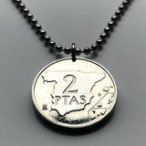 1984 Spain España 2 Pesetas coin pendant Spanish map mapa Español Madrid Barcelona Sevilla Granada Zaragoza Toledo Cadiz Tenerife Córdoba Valencia Málaga Bilbao Coruña Cataluña Andalusia n003349