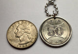1956 Japan Nippon 50 Yen coin pendant Chrysanthemum blossom flower plant Tokyo Japanese jewelry Yokohama Kobe Osaka Sapporo Nagoya Fukuoka Saitima Kyoto Sendai Okinawa Chiba Hiroshima Niigata n000089