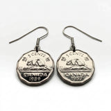 Canada 5 Cents coin earrings Canadian beaver maple leaves Toronto Montreal Vancouver Calgary Edmonton Ottawa Québec Winnipeg e000705