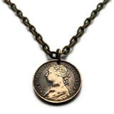 1881 United Kingdom Great Britain 1 Farthing coin pendant Queen Victoria Britannia London Manchester Bristol Southampton Nottingham Sheffield York UK British England English Leeds York Liverpool Edinburgh n000232