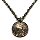 1881 United Kingdom Great Britain 1 Farthing coin pendant Queen Victoria Britannia London Manchester Bristol Southampton Nottingham Sheffield York UK British England English Leeds York Liverpool Edinburgh n000232