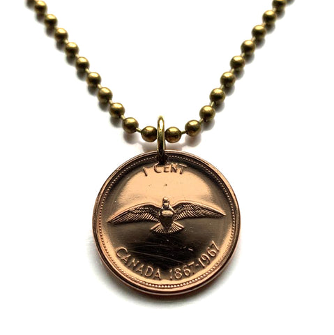 1967 Canada 1 Cent coin pendant necklace jewelry Canadian rock dove pigeon Ottawa Toronto Montreal Vancouver Calgary Edmonton Quebec Niagara Winnipeg Hamilton Ontario British Columbia Nova Scotia Newfoundland n000119