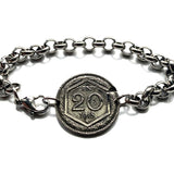 1918 Italy 20 Centesimi coin rolo link bracelet World War 1 era Savoy shield Rome Milan Venice Florence Napoli Torino Bologna Verona Genoa Siena Capri Palermo Cagliari Parma Tuscany Matera San Gimignano Positano Lazio Lecce Bari Polignano a Mare b000136