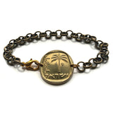 1977 Israel 10 Agorot coin rolo link bracelet Jewish date palm tree Jerusalem Tel Aviv menorah Haifa Rishon LeZion Palestine Petah Tikva Ashdod Judea Safed Nazareth Jews Hebrew b000138