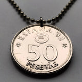 1980 Spain 50 Pesetas coin pendant Copa Mundial de futbol España 1982 World Cup Camp Nou Santiago Bernabéu Madrid Barcelona Sarria Stadium Coruña Gijón Oviedo Alicante Bilbao Valencia Zaragoza Sevilla Malaga Italy World Champions Paolo Rossi n002159