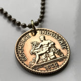 1922 France 1 Franc French coin pendant necklace Mercury god of commerce nude statue Paris Lyon Marseille Lille Toulouse Bordeaux Nantes Strasbourg Montpellier Rennes Reims Avignon Le Havre Saint-Étienne Versailles Carcassonne Mont-Saint-Michel n000294