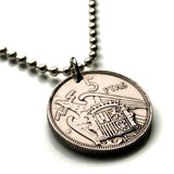 1957 España Spain 5 Pesetas Spanish jewelry coin pendant escudo Español aguila de San Juan Madrid Barcelona Sevilla Málaga Córdoba Valencia Granada Zaragoza Toledo Cadiz Bilbao Coruña Cuenca Ibiza Cataluña Plus Ultra Castile Leon Aragon Navarre n000499