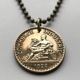 1922 France 1 Franc French coin pendant necklace Mercury god of commerce nude statue Paris Lyon Marseille Lille Toulouse Bordeaux Nantes Strasbourg Montpellier Rennes Reims Avignon Le Havre Saint-Étienne Versailles Carcassonne Mont-Saint-Michel n000294