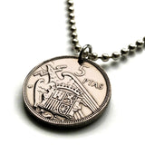 1957 España Spain 5 Pesetas Spanish jewelry coin pendant escudo Español aguila de San Juan Madrid Barcelona Sevilla Málaga Córdoba Valencia Granada Zaragoza Toledo Cadiz Bilbao Coruña Cuenca Ibiza Cataluña Plus Ultra Castile Leon Aragon Navarre n000499