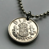 1984 Spain España 10 Pesetas coin pendant necklace jewelry Escudo Español Spanish crown Madrid Barcelona Sevilla Valencia Granada Zaragoza Toledo Cadiz Córdoba Castile Leon Aragon Navarre Andalusia Catalan Bilbao Coruña Salamanca n001634