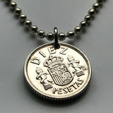 1984 Spain España 10 Pesetas coin pendant necklace jewelry Escudo Español Spanish crown Madrid Barcelona Sevilla Valencia Granada Zaragoza Toledo Cadiz Córdoba Castile Leon Aragon Navarre Andalusia Catalan Bilbao Coruña Salamanca n001634