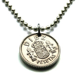 1984 Spain España 10 Pesetas coin pendant necklace jewelry Escudo Español Spanish crown Madrid Barcelona Sevilla Valencia Granada Zaragoza Toledo Cadiz Córdoba Castile Leon Aragon Navarre Andalusia Catalan Bilbao Coruña Salamanca n001634