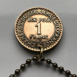 1922 France 1 Franc French coin pendant necklace Mercury god of commerce nude statue Paris Lyon Marseille Lille Toulouse Bordeaux Nantes Strasbourg Montpellier Rennes Reims Avignon Le Havre Saint-Étienne Versailles Carcassonne Mont-Saint-Michel n000294