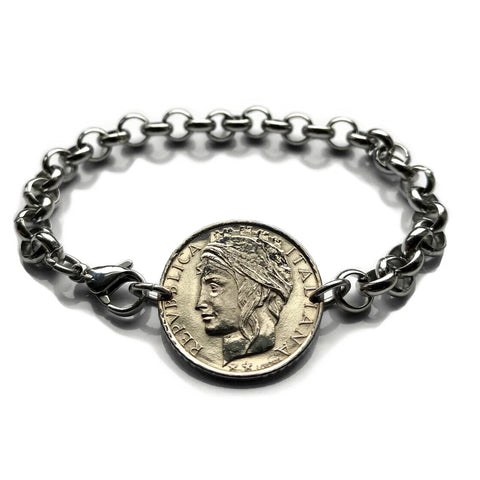 1993 Italia 100 Lire moneda pulsera de eslabones rolo dama italiana Turrita Roma Florencia Venecia Milán Nápoles Verona Torino Génova Perugia Parma Bari Bolonia Siena Ancona Palermo Cagliari Bérgamo Lecce Módena Toscana Parma b000094