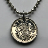 1984 Spain España 10 Pesetas coin pendant necklace jewelry Escudo Español Spanish crown Madrid Barcelona Sevilla Valencia Granada Zaragoza Toledo Cadiz Córdoba Castile Leon Aragon Navarre Andalusia Catalan Bilbao Coruña Salamanca n001634