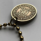 1926 France 50 Cent French coin pendant necklace Mercury god of commerce nude statue Paris Lyon Marseille Lille Toulouse Bordeaux Nantes Strasbourg Montpellier Rennes Reims Avignon Le Havre Saint-Étienne Versailles Carcassonne Mont-Saint-Michel n000884