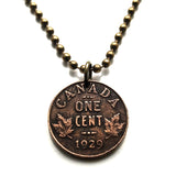 Canada 1 Cent coin pendant Canadian maple leaves Ottawa Montreal Quebec Toronto Ontario Vancouver Calgary British Columbia Alberta Nova Scotia New Brunswick Manitoba Nunavut Victoria n000428