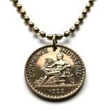 1922 France 1 Franc French coin pendant necklace Mercury god of commerce nude statue Paris Lyon Marseille Lille Toulouse Bordeaux Nantes Strasbourg Montpellier Rennes Reims Avignon Le Havre Saint-Étienne Versailles Carcassonne Mont-Saint-Michel n000294