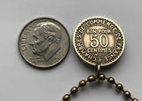 1926 France 50 Cent French coin pendant necklace Mercury god of commerce nude statue Paris Lyon Marseille Lille Toulouse Bordeaux Nantes Strasbourg Montpellier Rennes Reims Avignon Le Havre Saint-Étienne Versailles Carcassonne Mont-Saint-Michel n000884