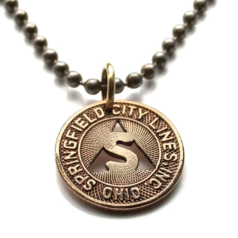 USA Ohio Springfield City Lines transit token streetcar trolley bus coin pendant initial S Clark County The Champion City of Roses Mad River South Fountain Avenue Historic District Ridgewood Southgate Warder Park Columbus Dayton Eaton Peckuwe n002120