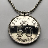 1980 Spain 50 Pesetas coin pendant Copa Mundial de futbol España 1982 World Cup Camp Nou Santiago Bernabéu Madrid Barcelona Sarria Stadium Coruña Gijón Oviedo Alicante Bilbao Valencia Zaragoza Sevilla Malaga Italy World Champions Paolo Rossi n002159