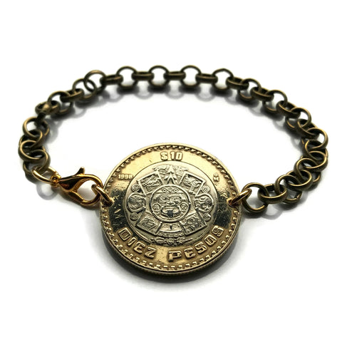 2021 Mexico 10 Pesos coin rolo link brass bracelet jewelry Aztec sun stone calendar Piedra del Sol Mexica sculpture Tōnatiuh Tlaltecuhtli Yohualtecuhtli Tenochtitlan Tecpatl knife Zócalo Templo Mayor Toltec Hidalgo b000077