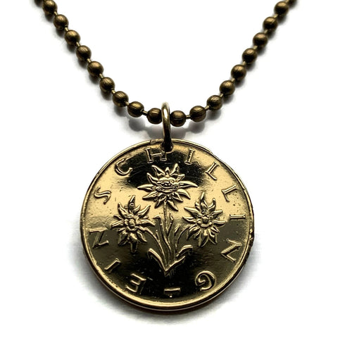 1990 Austria Österreich 1 Schilling coin pendant necklace jewelry Edelweiss flower Vienna Alpine plant daisy sunflower Salzburg Graz Linz Innsbruck Klagenfurt Villach Tyrol Styria Carinthia Sankt Pölten Wels n000443
