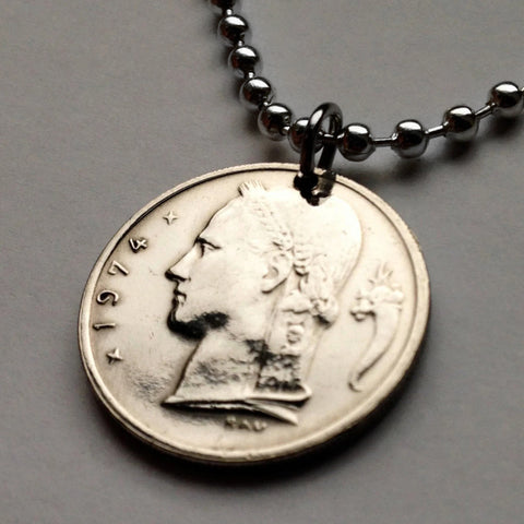 1974 Belgium Belgie 1 Franc coin pendant Belgian lady Ceres Brussels Bruges Antwerp Ghent Liège Namur Mons Charleroi Flanders Flemish Hasselt Bouillon Kortrijk Ostend Ypres Dinant Ardennes n000233