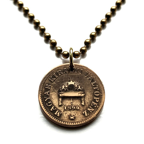 1895 Hungary Magyars 2 Filler coin pendant necklace jewelry Hungarian Holy Crown of Saint Stephen Szent Korona Budapest Debrecen Szeged Miskolc Pécs Győr Gellért Hill Nyíregyháza Jászság Fejér Hajdú-Bihar n000889
