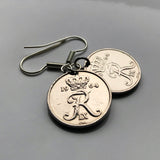 Denmark Danish 10 Ore coin earrings initial R Copenhagen Dane Nordic Zealand Funen Faroese Danmark Amalienborg Palace king e000107